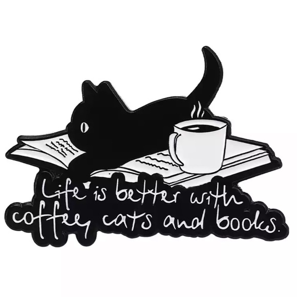 Other - 1 LEFT‼️ Black Cat Coffee Book Life Enamel Pin Black Cat Mom Reading Gift Brooch